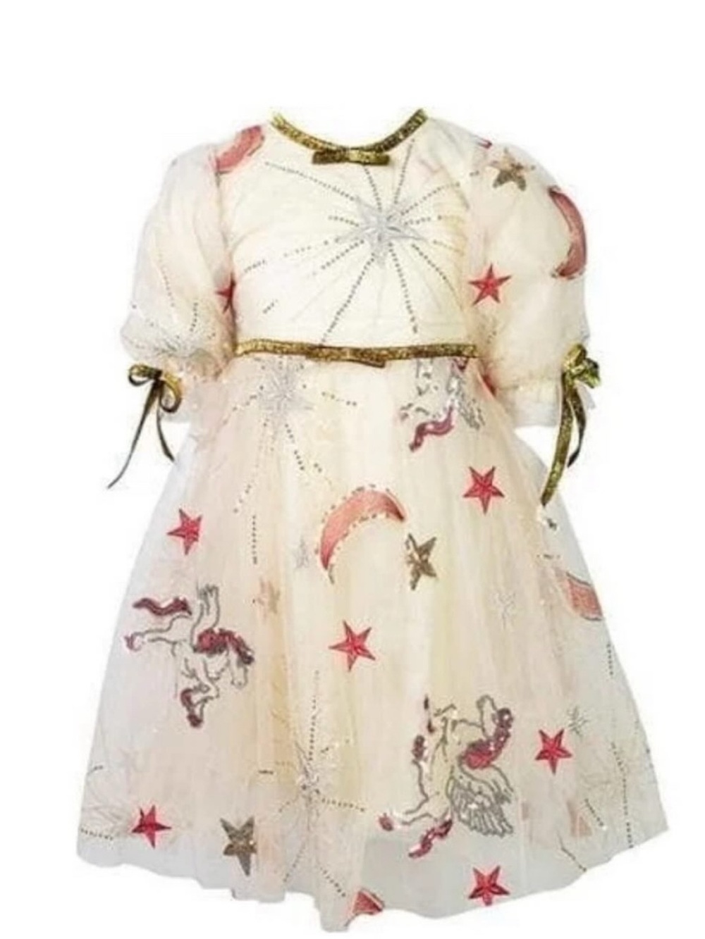 Lola + The Boys Cream Unicorn & Star Dress with Gold Trim